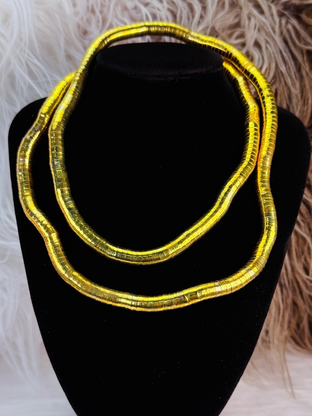 Gold Tone Flexible Segmented Tubular Long Moldable Statement Necklace